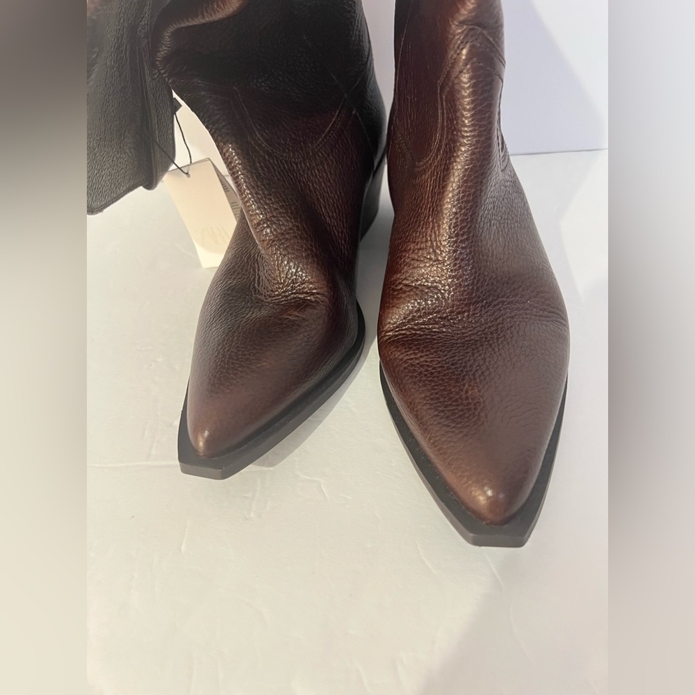 ZARA Leather Tall Pull-on Cowboy Boots. Size 10. New - Picture 13 of 16